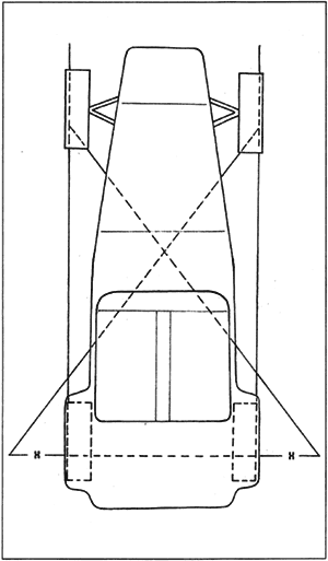 Положение автомобиля относительно измерительных треугольников при настройке параллельности мостов и перенос точек измерения на поверхность.