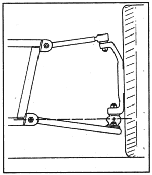 Этот рычаг подвески имеет съемный шаровой шарнир. Центр шарнира расположен выше центральной линии рычага. Пунктирная линия показывает действительную геометрию подвески.